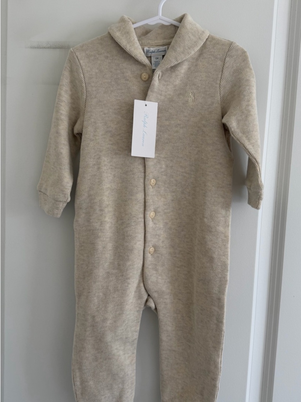 Ralph Lauren Cream Shawl Collar Footed One-Piece
